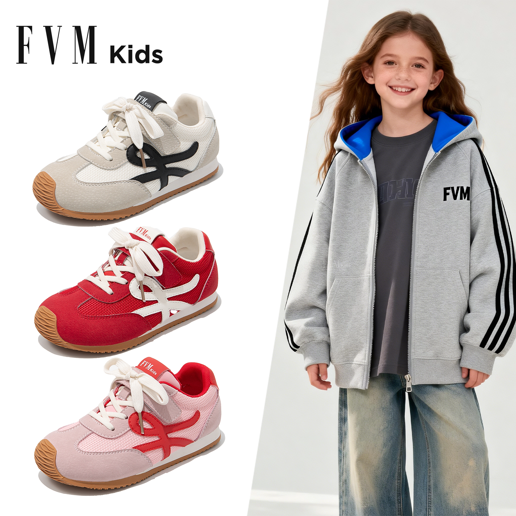 FVM女童鞋子儿童德训运动板鞋2026新款春季大童网面透气轻便跑步