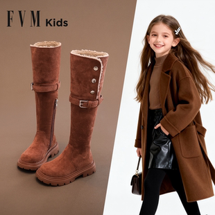儿童靴子女童长筒靴2025新款冬季加绒美拉德宝宝棕色毛毛雪地长靴