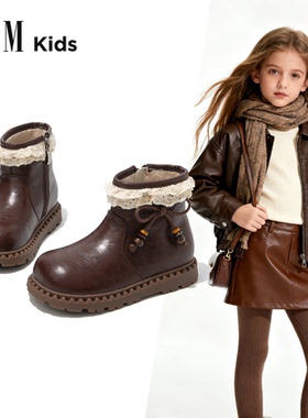 女童靴子儿童马丁短靴2025新款秋冬季加绒女宝宝洋气棕色二棉皮靴