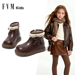 女童靴子儿童马丁短靴2025新款秋冬季加绒女宝宝洋气棕色二棉皮靴