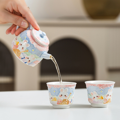 菀菀原创兔子乐队茶具套组茶壶盖碗主人杯水杯高温釉下彩陶瓷手绘