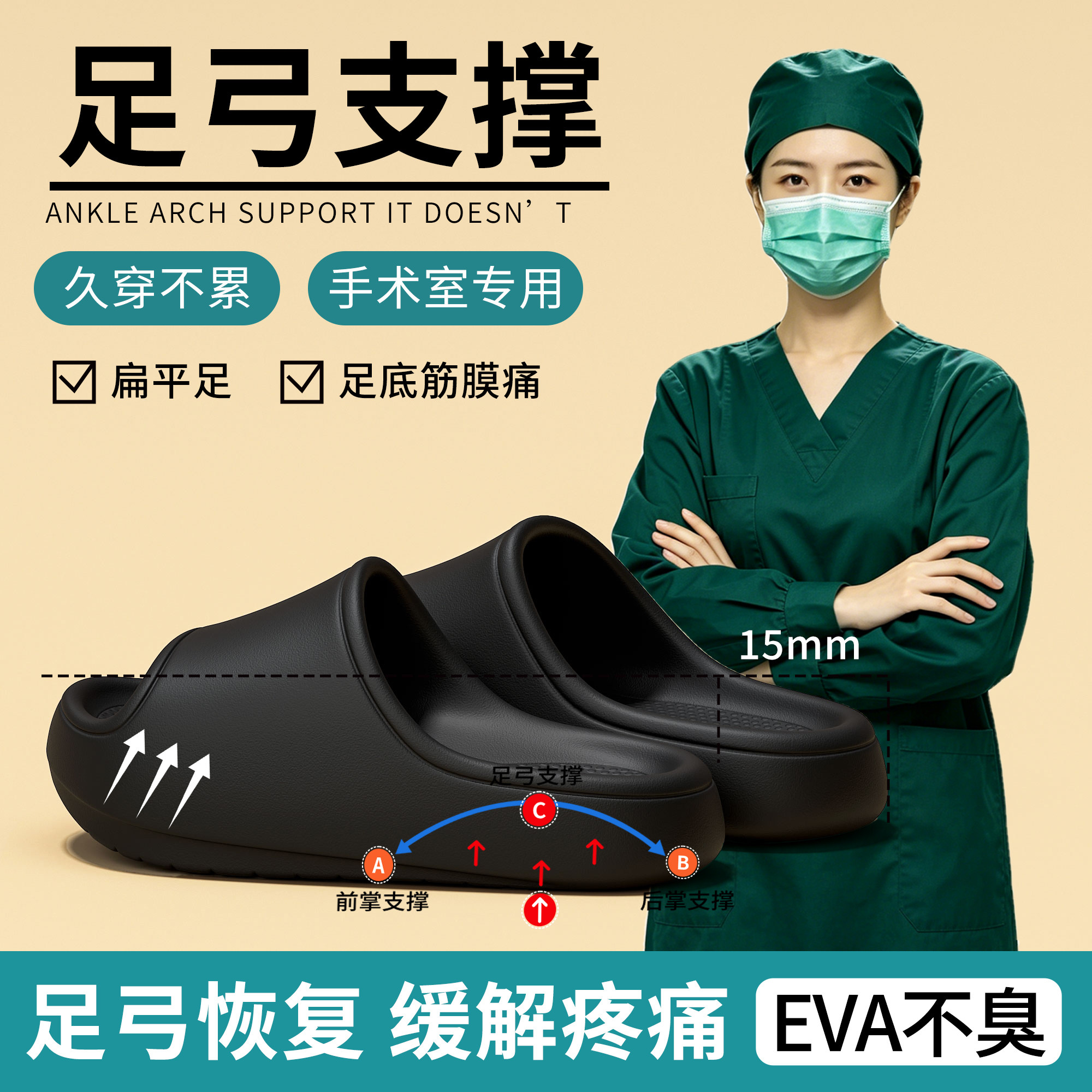 前高后低拖鞋女款医护推荐室内居家防滑足弓支撑新款踩屎感凉拖鞋