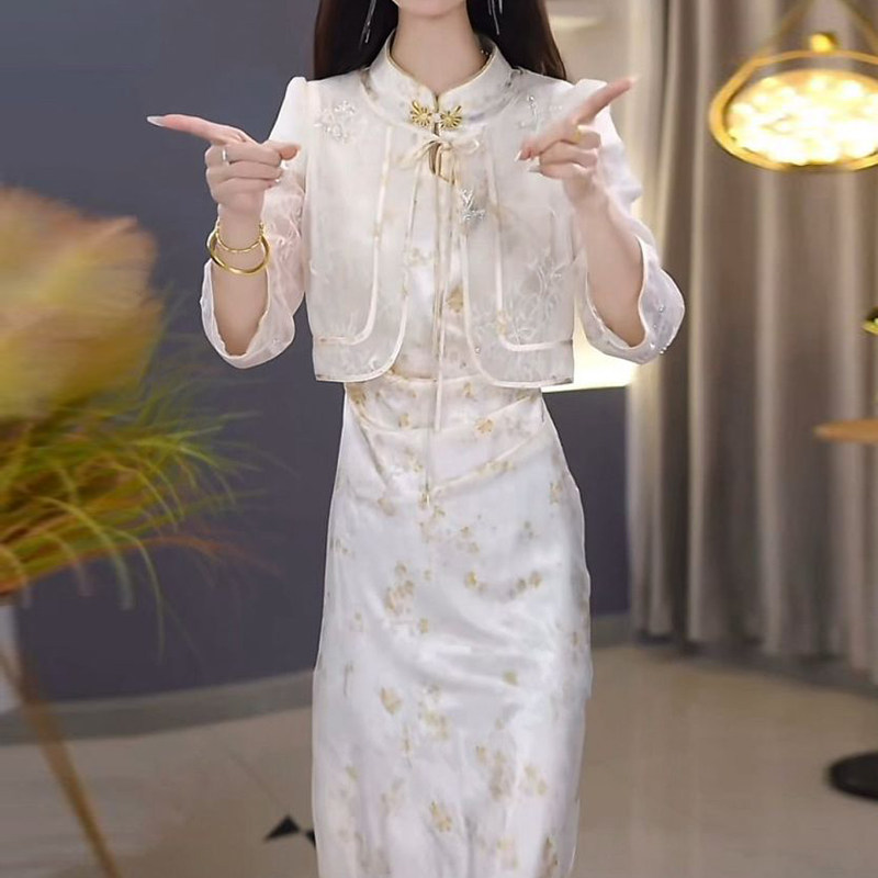 洋气国风两件套连衣裙女2026年夏季新款妈妈改良旗袍套装礼服裙子