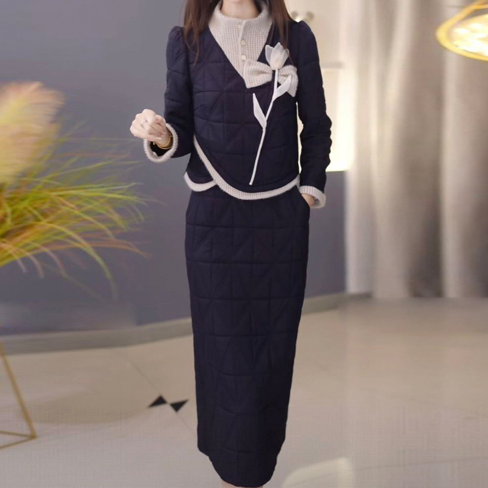 精致夹棉上衣搭半身裙女2025年秋冬季修身显瘦减龄遮肚中长款套装
