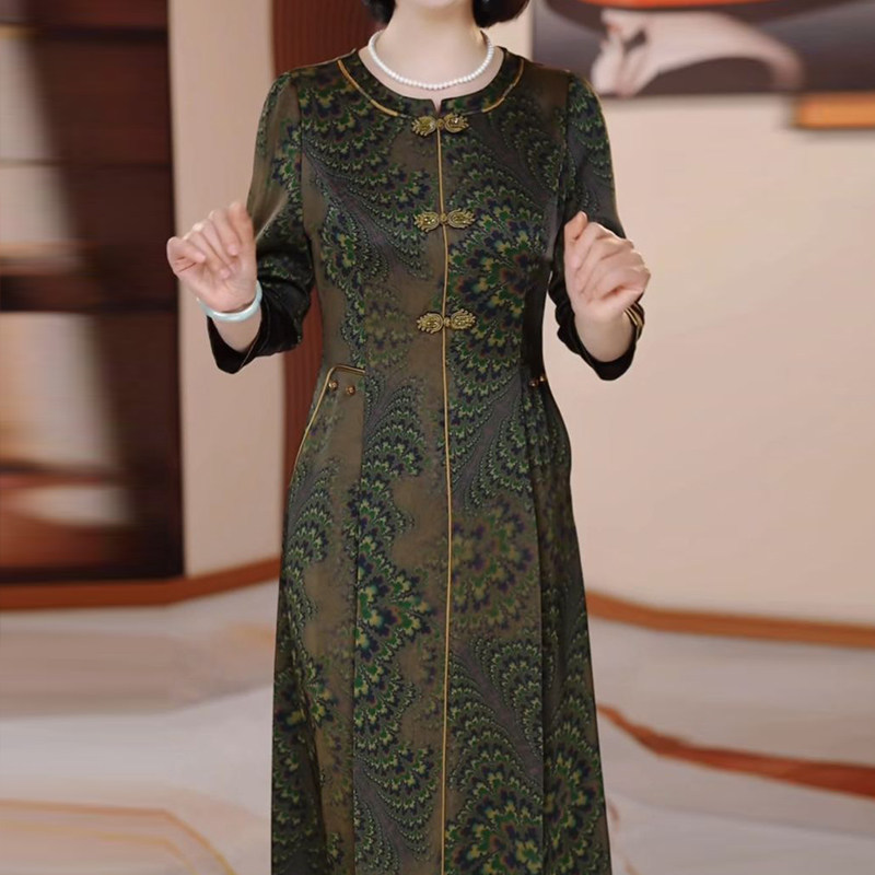 中老年加绒加厚风衣裙子两件套新款改良国风连衣裙中长款加厚外套