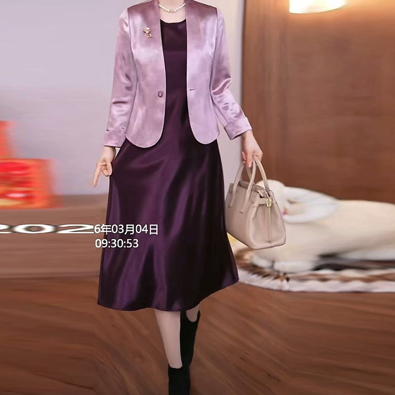 高级桑缠丝外套背心裙两件套2026春新款时尚高贵气质显瘦遮肉套装