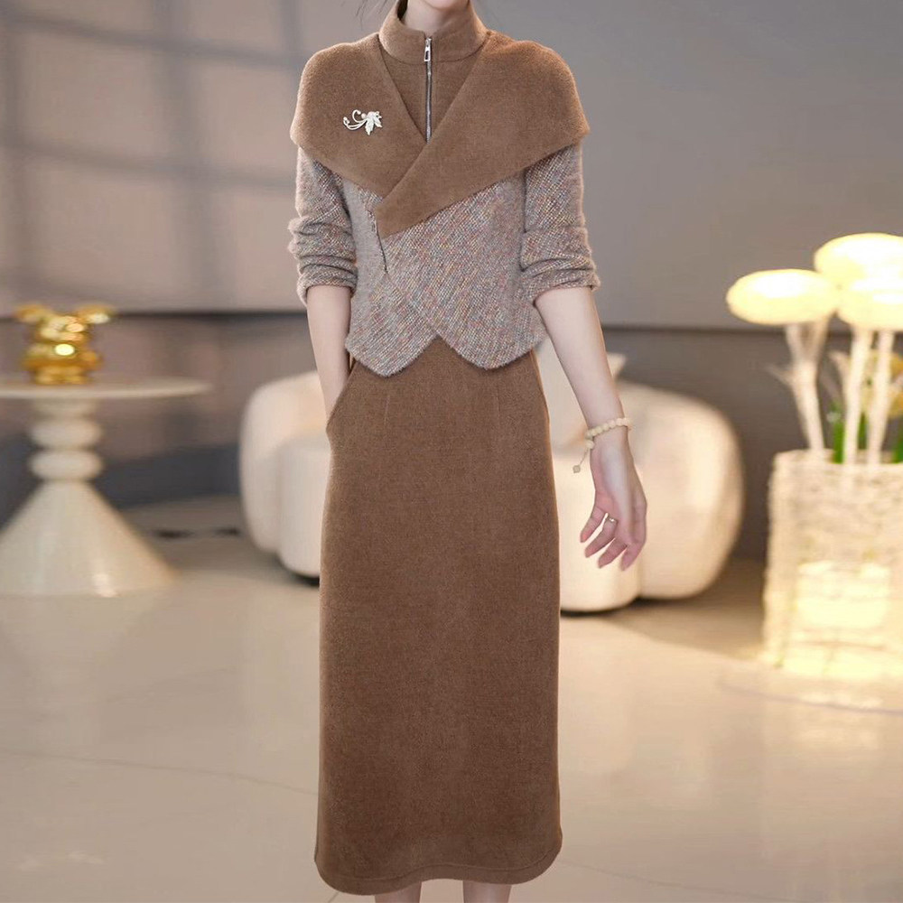 设计感上衣搭半身裙女2025秋冬季修身显瘦减龄遮肉中长款保暖套装