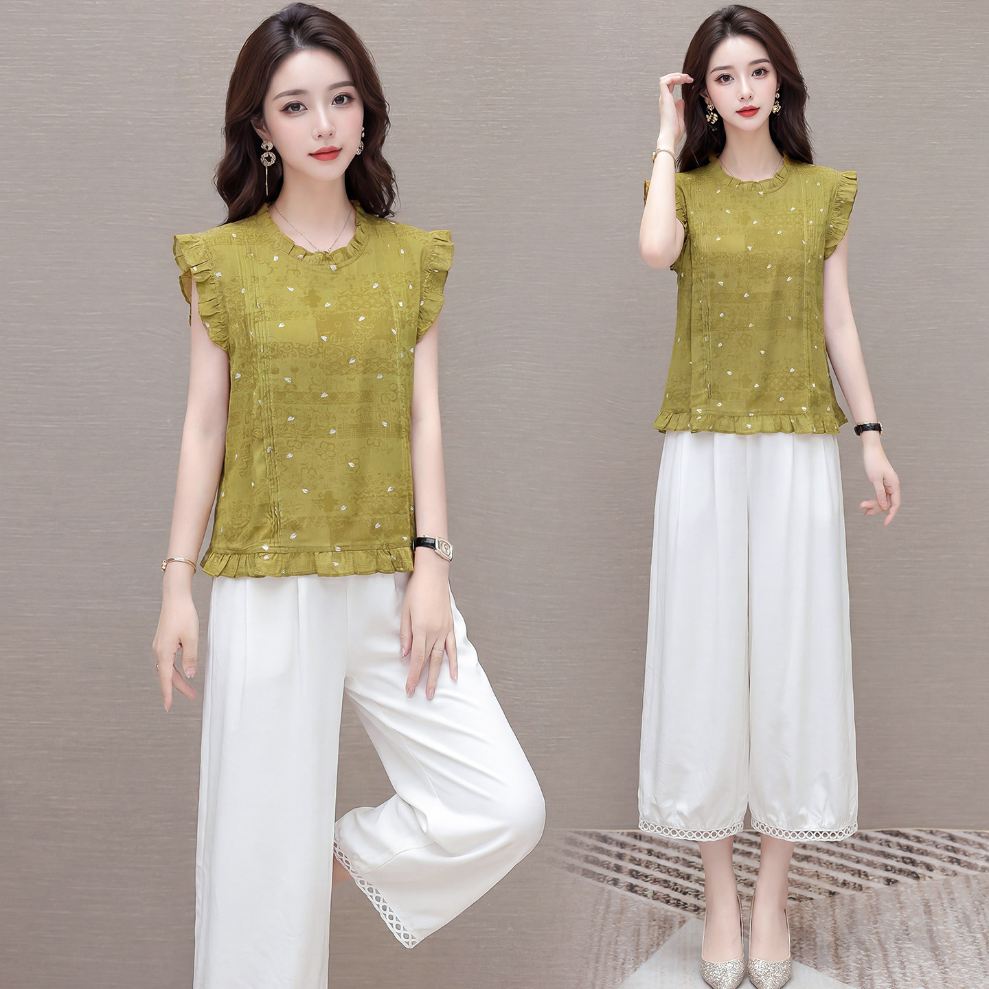木耳边无袖暗纹上衣搭阔腿裤女2026年夏季修身显瘦减龄遮肉两件套