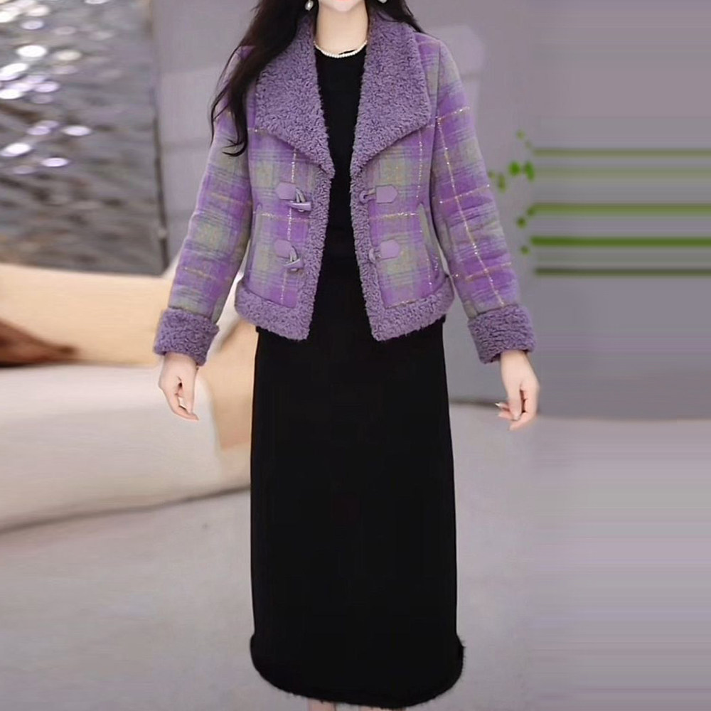 时尚简约加绒加厚格纹外套女2025年冬季宽松显瘦减龄百搭保暖上衣