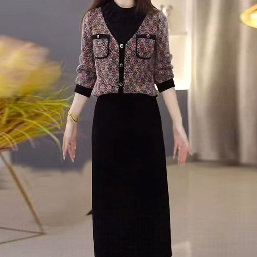 时尚优雅拼接小衫搭半身裙女2025冬季修身显瘦减龄遮肉中长款套装