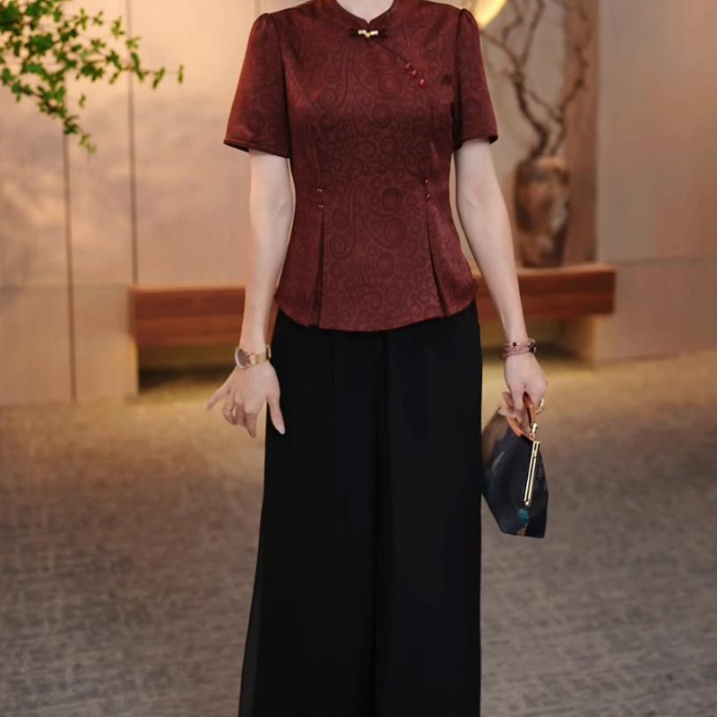 冰丝缎新中式两件套2025夏季新款女国风妈妈修身遮肉上衣裤子套装