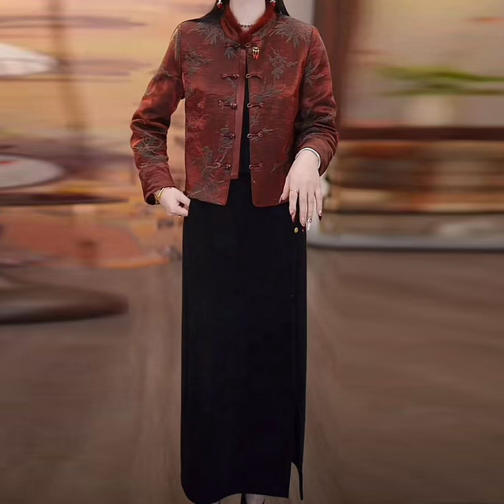 贵夫人夹棉外套搭半身裙女2025年秋冬季修身显瘦减龄中长款套装