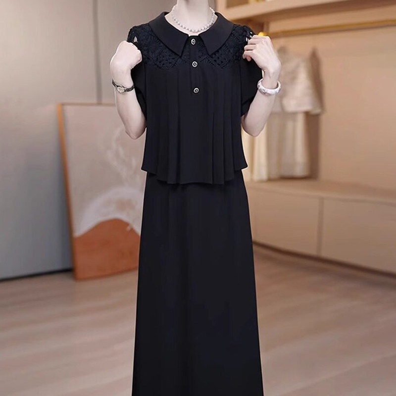 时尚2025新款琉璃丝拼接短袖气质A字裙遮肉显瘦裙子