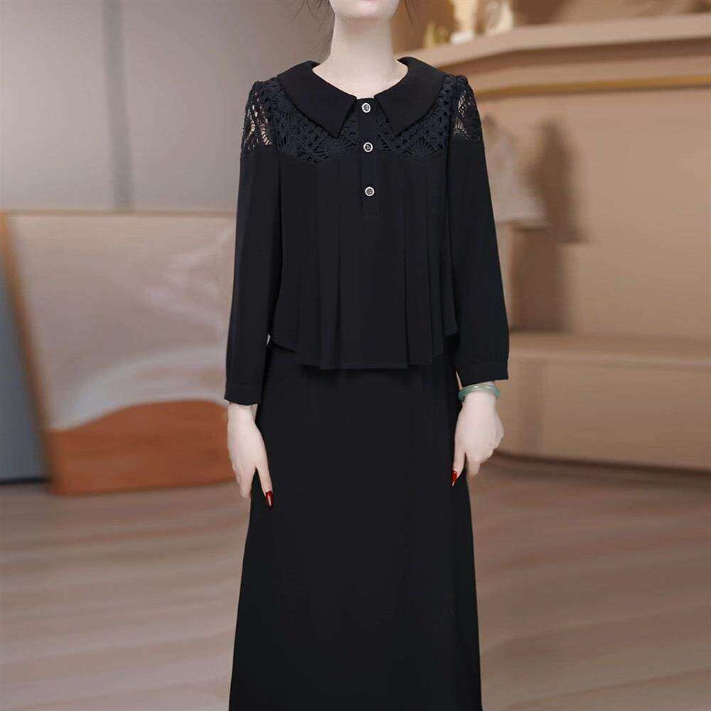 洋气娃娃领刺绣连衣裙女2026年春夏季新款妈妈高端假两件礼服裙