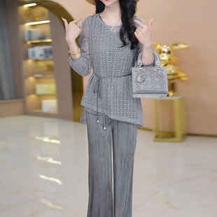 时尚休闲镂空套装女2026春季新款贵夫人气质显瘦减龄阔腿裤三件套