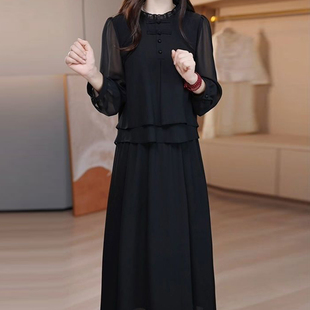 高端品牌长袖假两件连衣裙女2025春夏新款贵夫人妈妈纯色礼服裙子