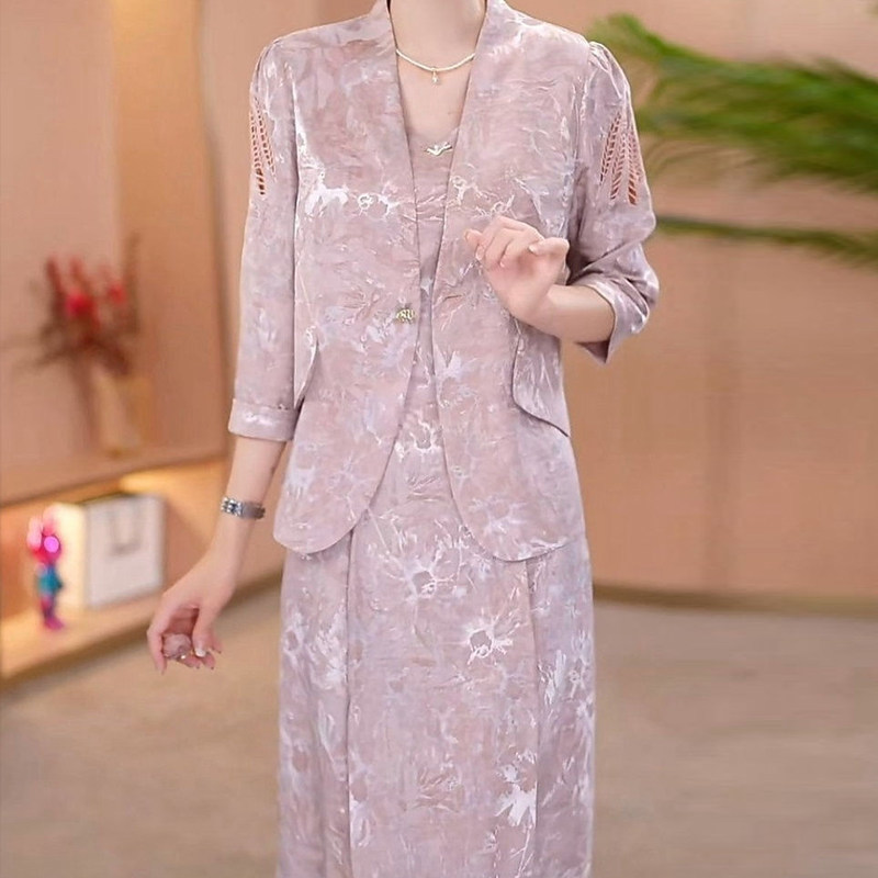 高档浮光锦七分袖外套背心裙两件套裙2025秋季新款妈妈装礼服裙子