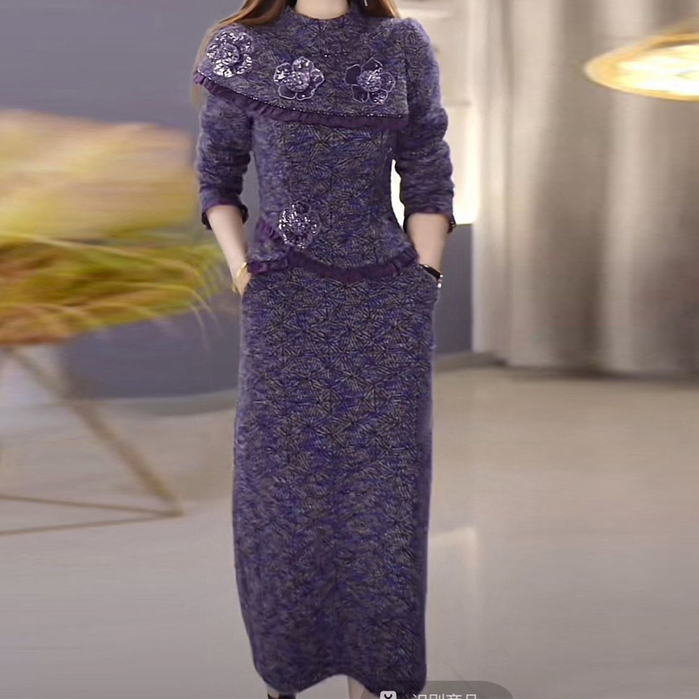 轻奢雪花绒上衣搭半身裙女2025年秋冬季修身显瘦减龄中长款套装裙