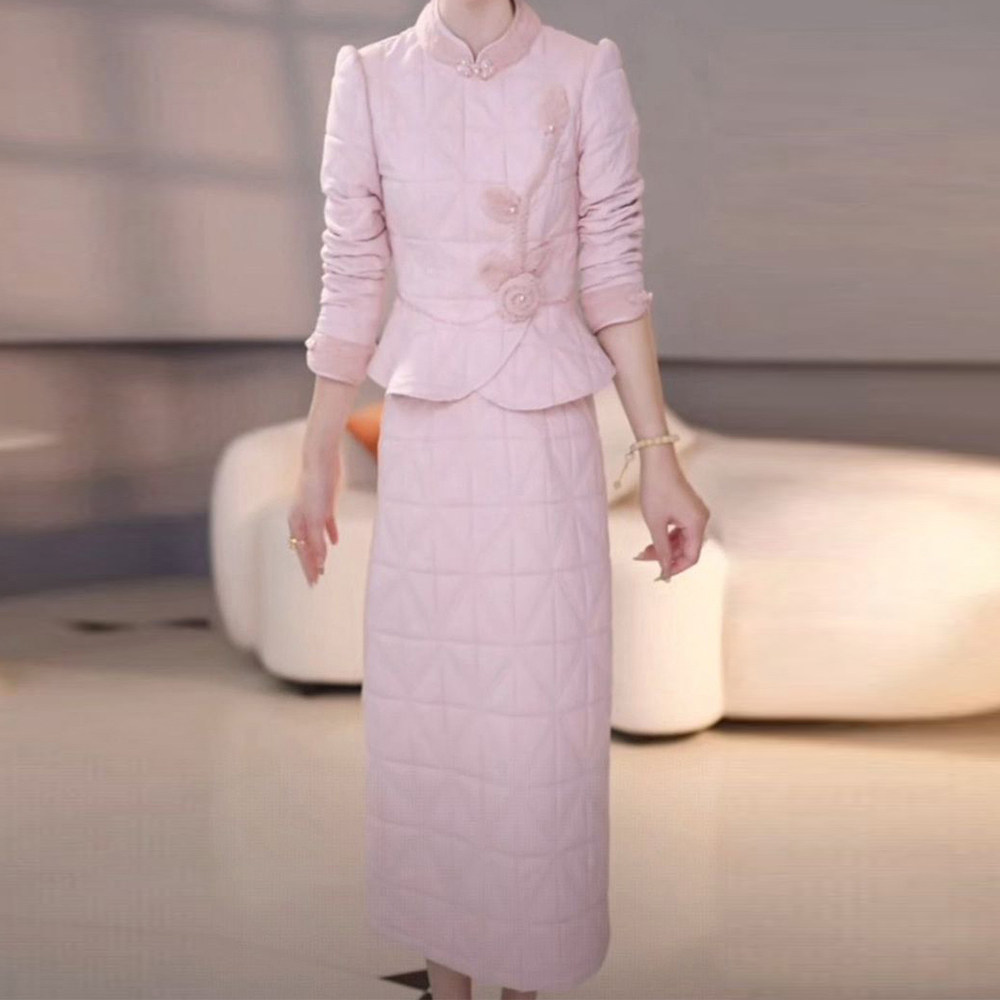 温柔夹棉小衫搭半身裙女2025年秋冬季修身显瘦减龄遮肚中长款套装