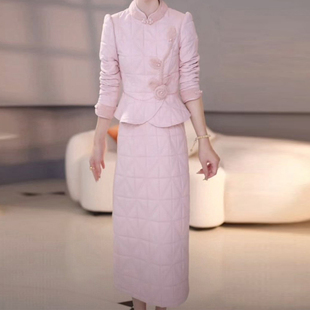 温柔夹棉小衫搭半身裙女2025年秋冬季修身显瘦减龄遮肚中长款套装