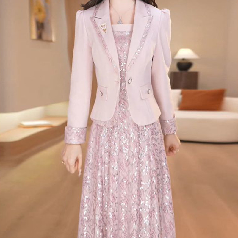 长袖小西装两件套连衣裙女2026春秋新款妈妈气质背心裙套装礼服裙