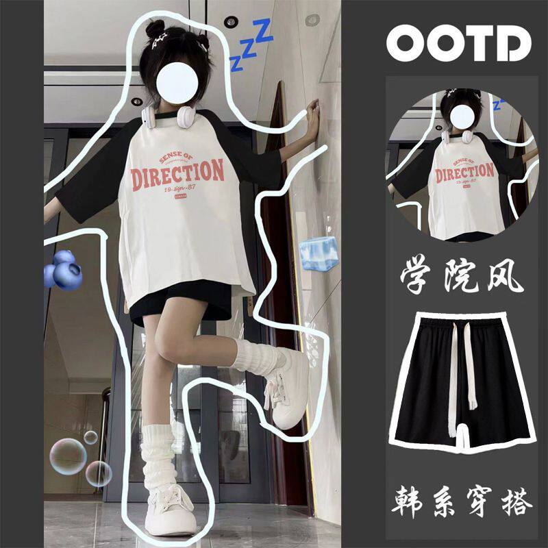 休闲运动服套装女夏季2025新款短袖T恤短裤学院风少女跑步两件套