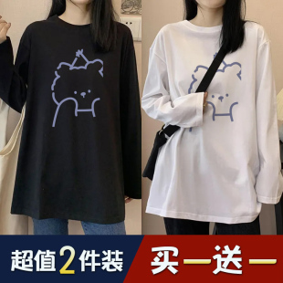 单/两件装长袖白色t恤女春秋学生韩版宽松卡通百搭打底衫甜辣上衣