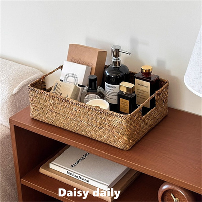 ins桌面手提收纳筐手工编织整理盒化妆品杂物收纳盒草编置物篮子