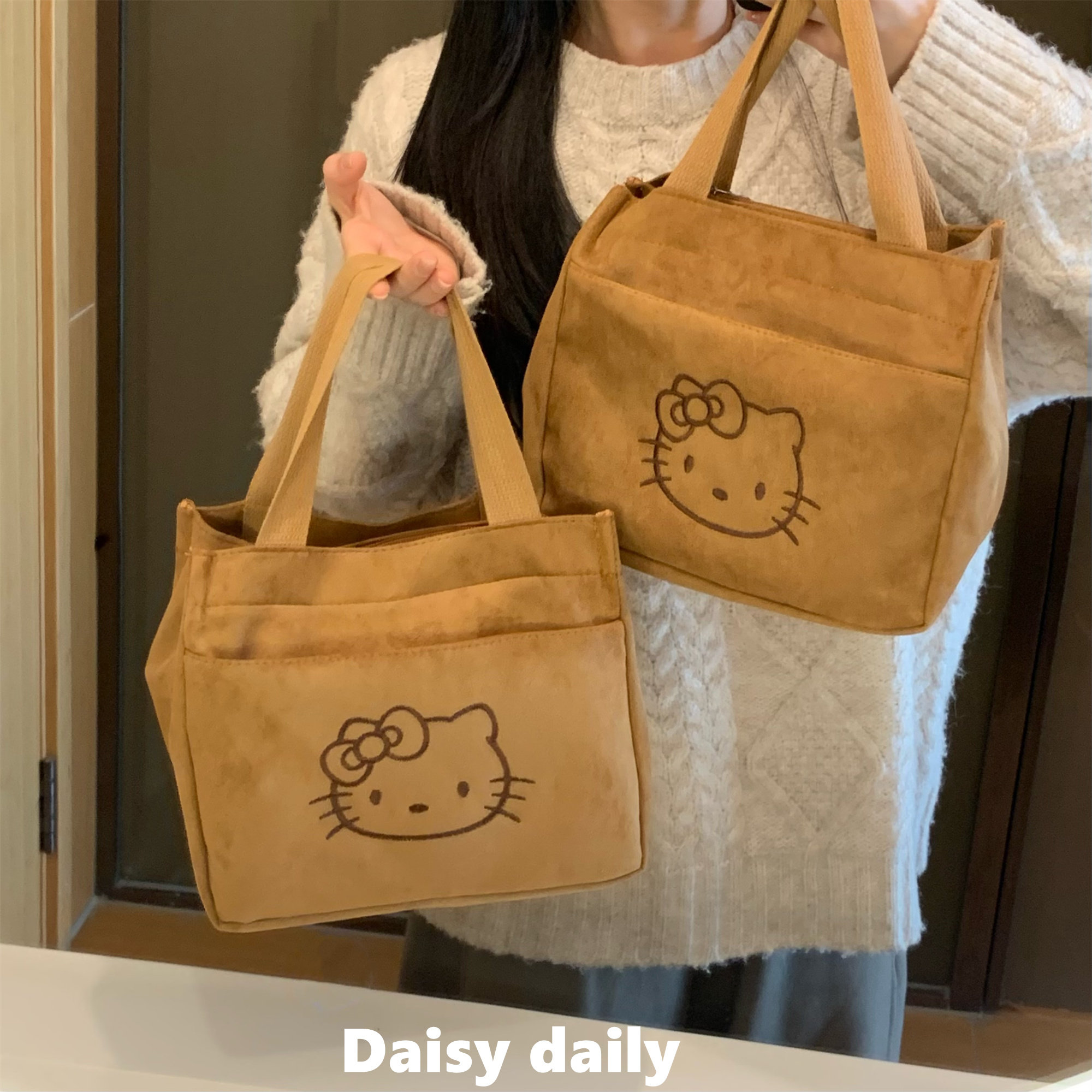 可爱麂皮便当包手提刺绣饭盒袋休闲复古通勤杂物单肩包旅游行李包