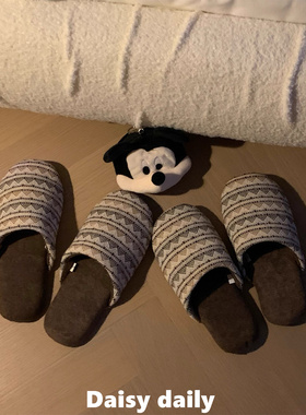 日剧生活~费尔岛地板亚麻拖鞋四季室内包头软底情侣地板秋冬棉拖