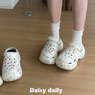 百搭休闲包头凉拖鞋 原创印花猫咪厚底增高洞洞鞋 女外穿夏2025新款