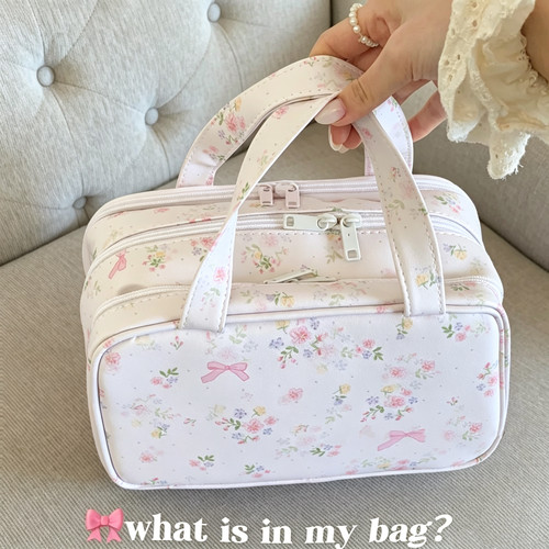 原创baby夏日花朵蝴蝶结三层超大容量化妆包旅行便携分区收纳整理