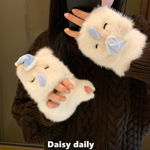 可爱鼻涕喵半指翻盖手套女冬季 加绒加厚学生写字骑车骑行防风防寒