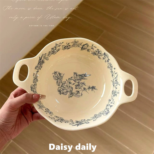 中式复古ins风蓝色花鸟系列陶瓷餐具家用釉下彩米饭碗双耳碗汤盘