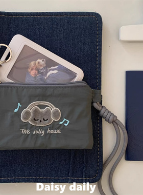 原创灰色耳机喵挂脖卡包高颜值透明痛包多功能便携零钱包证件收纳