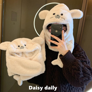 小海豹抱抱帽毛绒卡通可爱围巾一体帽子女户外保暖护耳套头雷锋帽