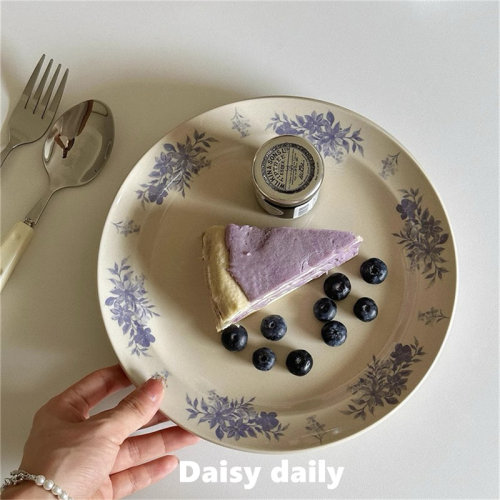 中古岁月复古感9英寸蓝紫花卉陶瓷餐盘家用甜品意面点心面包果盘
