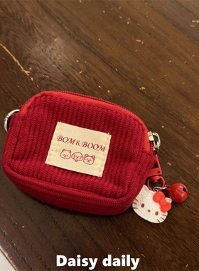 新款迷你零钱包耳机收纳包学生零钱包高颜值灯芯绒红色耳机收纳包