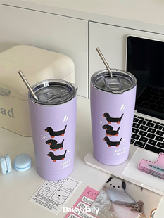 原创紫色腊肠狗吸管保温杯高颜值大容量喝水杯2023新款 便携咖啡杯