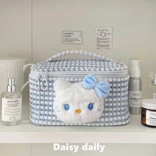 旅行洗漱收纳包 大容量猫咪化妆包女便携式 自制敲好看 奶蓝色