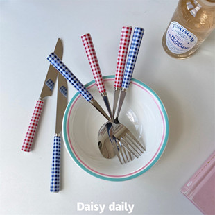 韩国ins红格纹手柄牛排刀叉复古vintage西餐刀叉勺套装