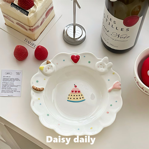 兔子猫咪可爱少女心立体陶瓷餐盘花边甜品盘早餐盘送人生日礼物