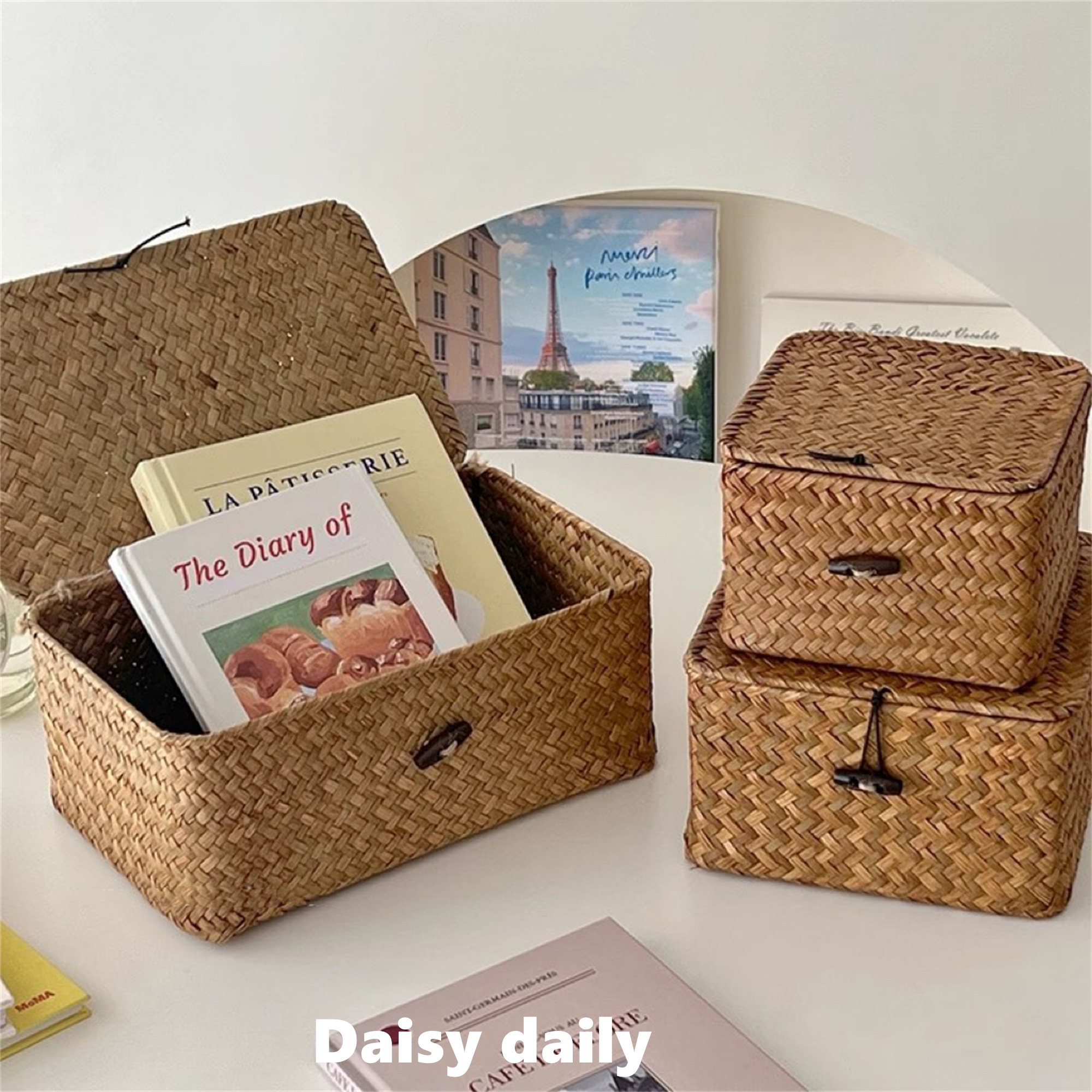 ins风日式桌面收纳盒手工编织茶几零食杂物收纳筐草编带盖收纳篮,收纳整理,收纳筐,淘宝优惠券,粉丝福利购,淘宝优惠卷