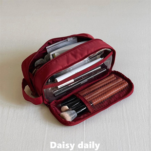 红色网纱分区化妆包女2025新款大容量便携式洗漱包收纳包化妆刷包