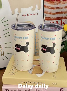 黑色猫咪高颜值水杯保温杯大容量304不锈钢杯巨无霸吸管杯咖啡杯