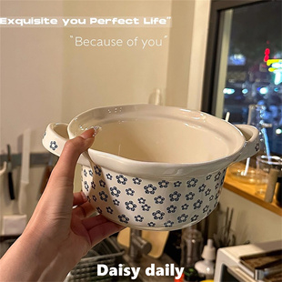 日式 蓝朵朵陶瓷双耳碗面碗高颜值沙拉碗家用大容量汤碗新年大菜碗