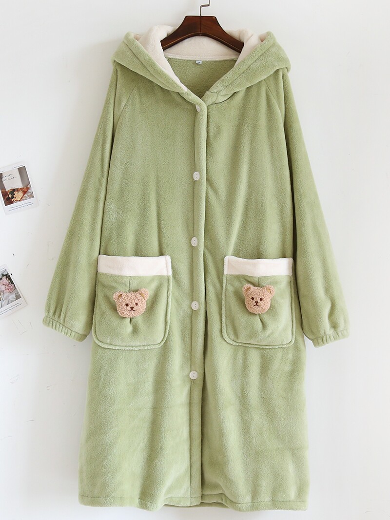 가을과 겨울 여성용 일본 잠옷 두꺼운 따뜻한 산호 벨벳 귀여운 잠옷 플란넬 출산 스커트 후드 홈 스커트