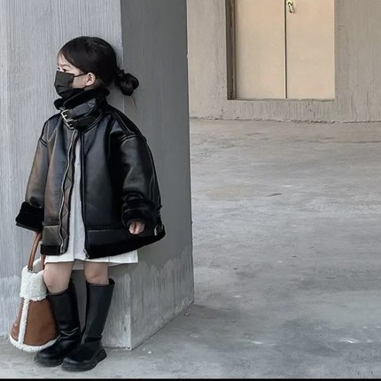 女童皮毛一体加绒加厚外套儿童韩版女孩机车风男童冬季网红皮衣潮
