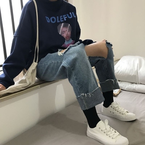 @ZEROZEROHOU 2021春夏阔腿破洞牛仔裤女直筒裤宽松学院风百搭款