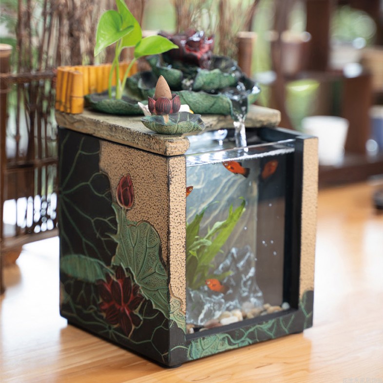 微景观鱼缸装饰造景套餐新中式客厅小型办公室摆件创意带流水软装